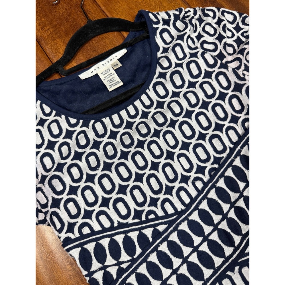 Max Studio Women's XS Navy White Geometric Print‎ Long Sleeve A Line Dress